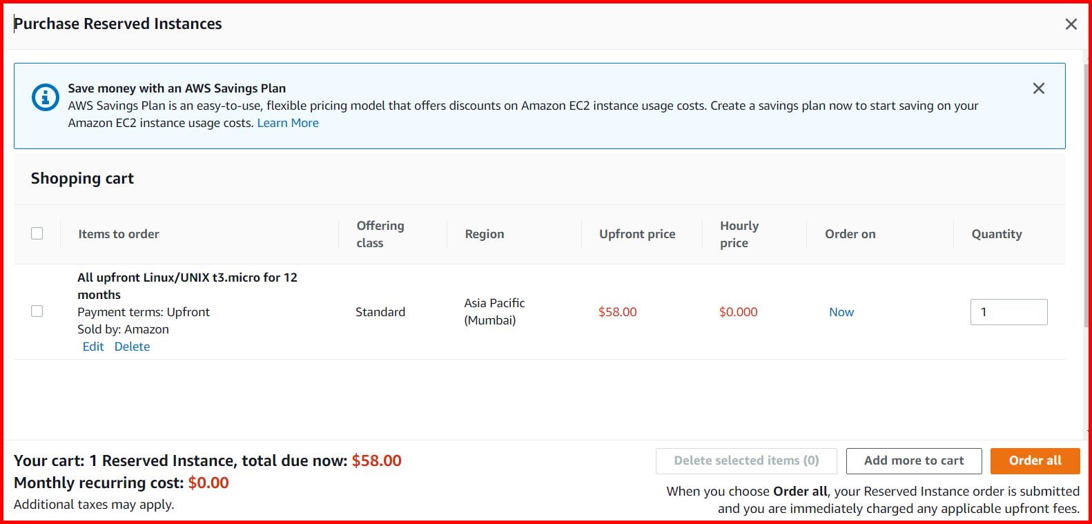 Picture showing the order all button for ordering the reserved instance